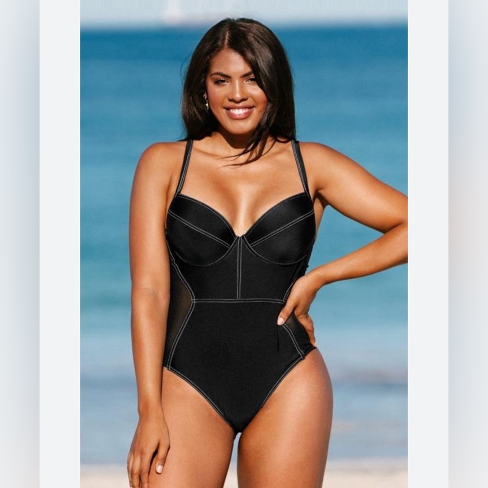 Cupshe | Black One Piece Bustier Swimsuit w/ Mesh Sides, Contrast Stitching Sz.L